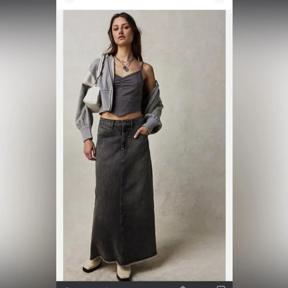 NWOT free people Come As You Are Denim Maxi Skirt Mid Rise Cotton Size 2 Grey - Picture 5 of 9